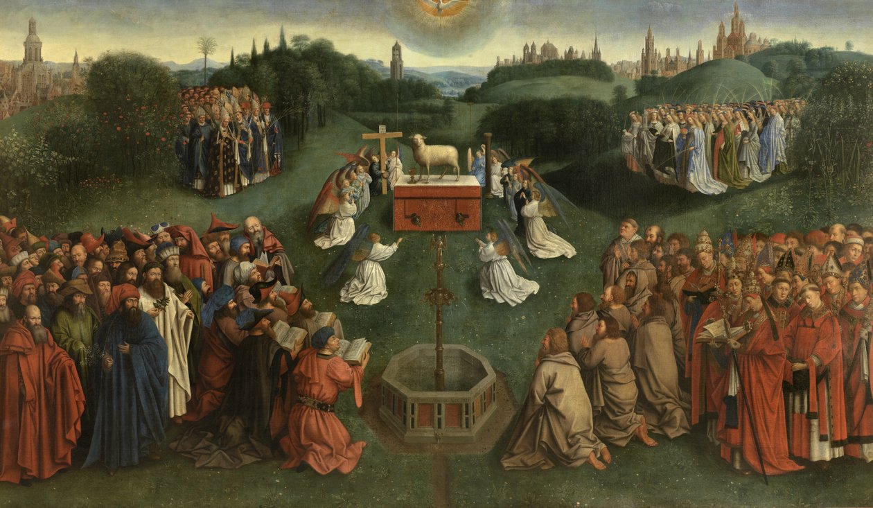 Kopi af The Adoration of the Mystic Lamb, fra Gent-altertavlen, nederste halvdel af midterpanelet (olie på panel) af Hubert & Jan van (1390 1441) (after) Eyck