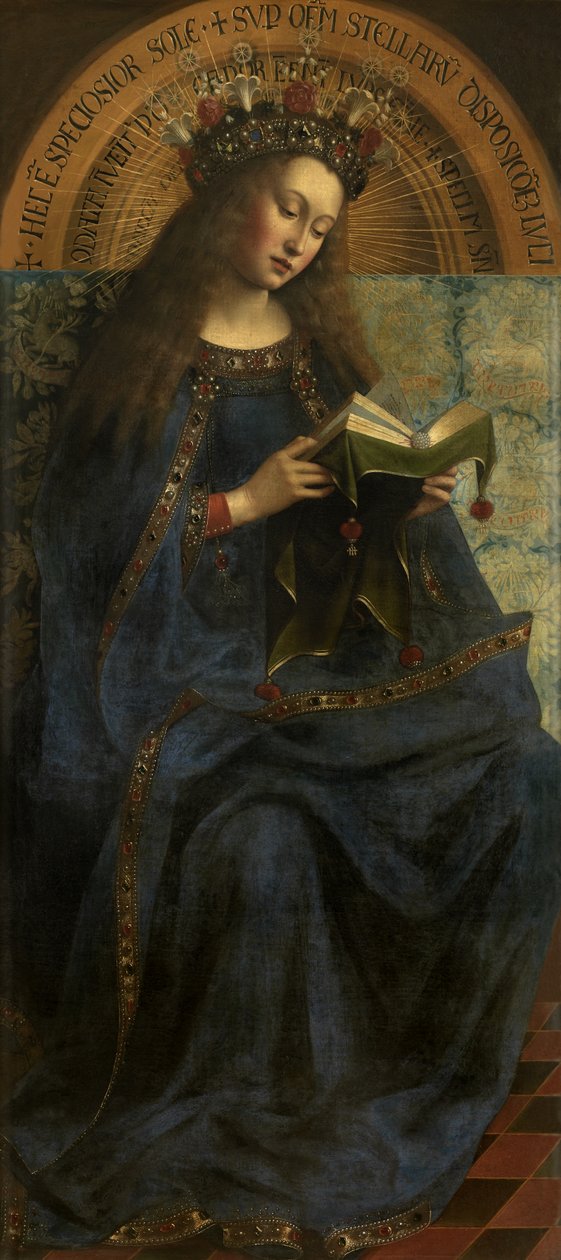 Jomfru Maria, fra en kopi af Gent-altertavlen (åbent, centralt panel) efter 1432 (olie på panel) af Hubert & Jan van (1390 1441) (after) Eyck