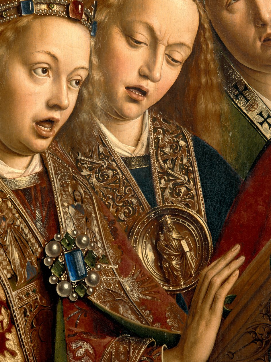 Detalje af syngende engle, fra venstre fløj af Gent-altertavlen af Hubert & Jan van (1390 1441) Eyck