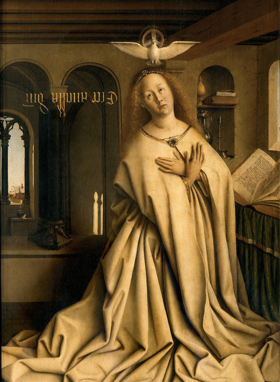 Detalje af Virgin Annunciate, fra ydersiden af højre panel på Gent-altertavlen af Hubert & Jan van (1390 1441) Eyck