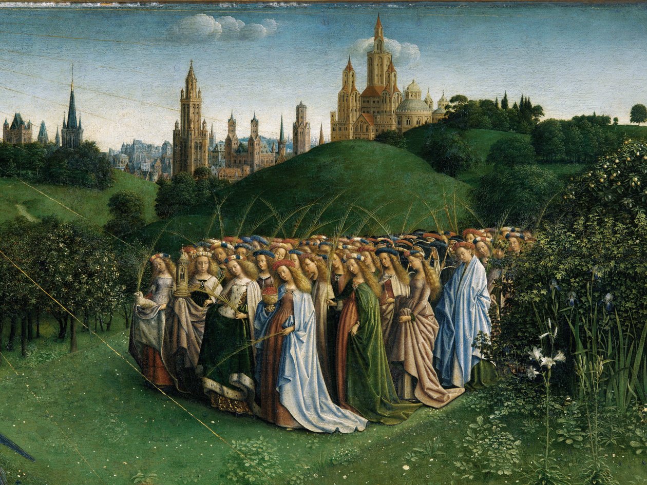 Tilbedelsen af det mystiske lam, fra Gent-altertavlen, detalje af den nederste halvdel af midterpanelet af Hubert & Jan van (1390 1441) Eyck
