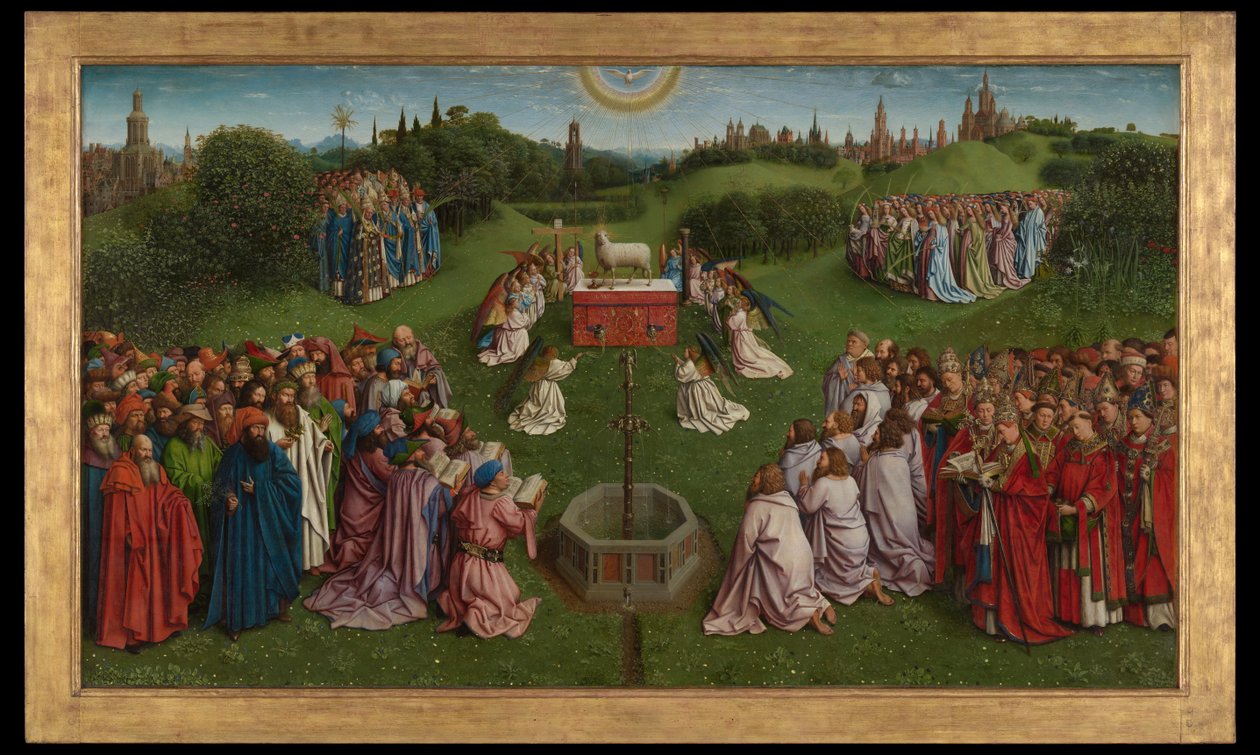 Tilbedelsen af det mystiske lam, fra Gent-altertavlen, nederste halvdel af midterpanelet af Hubert & Jan van (1390 1441) Eyck