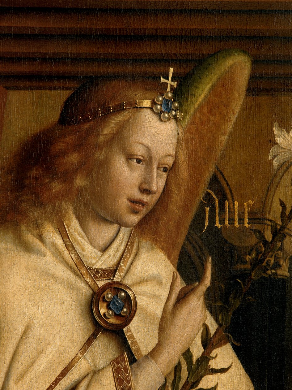 Detalje af Angel Annunciate, fra ydersiden af venstre fløj af Gent-altertavlen af Hubert & Jan van (1390 1441) Eyck