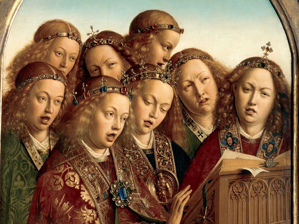 Detalje af syngende engle, fra venstre fløj af Gent-altertavlen af Hubert & Jan van (1390 1441) Eyck
