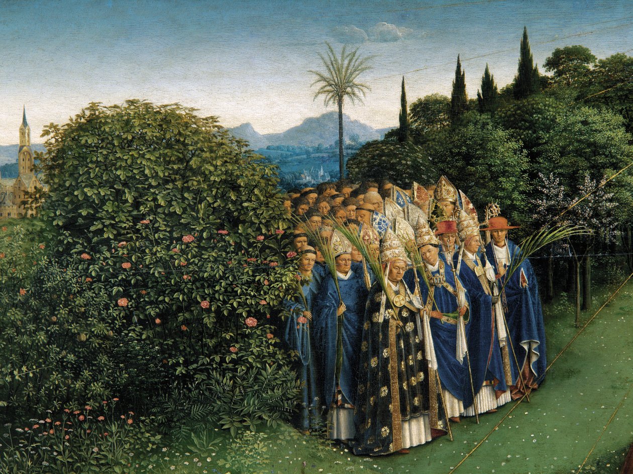 Detalje af tilbedelsen af det mystiske lam, fra midterpanelet på Gent-altertavlen (olie på panel) af Hubert & Jan van (1390 1441) Eyck