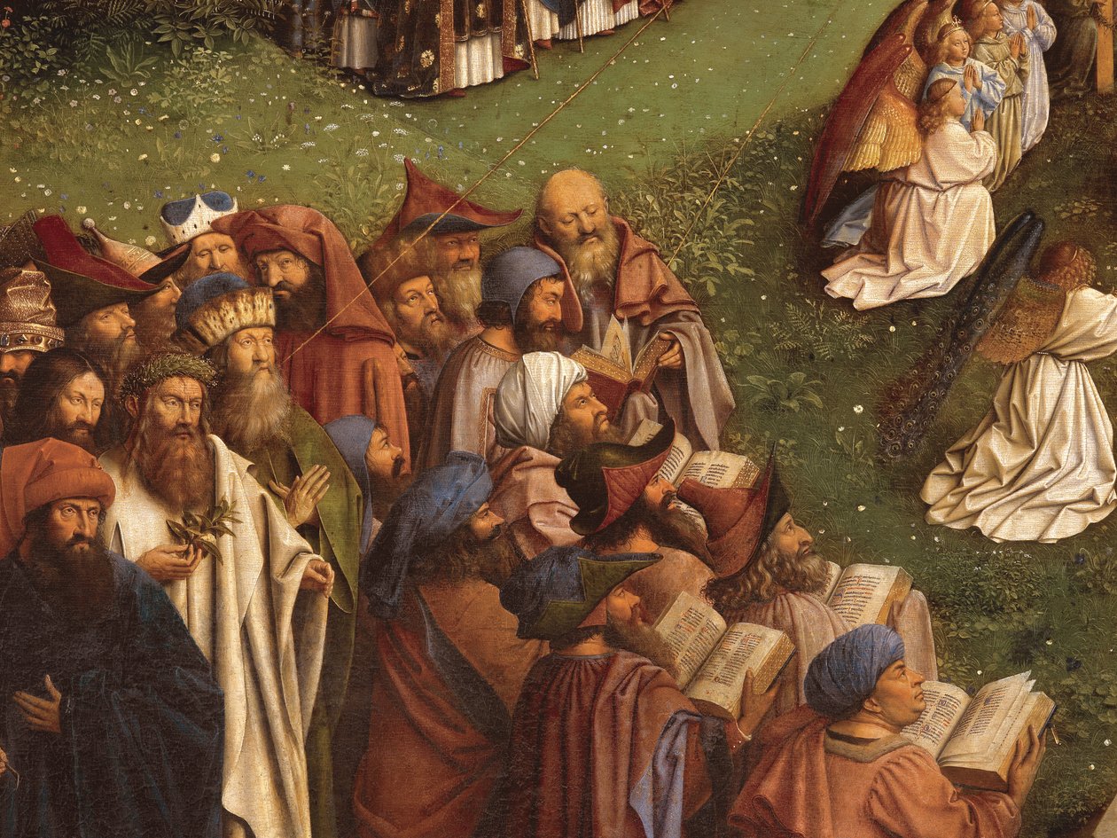 Detalje af tilbedelsen af det mystiske lam, fra midterpanelet på Gent-altertavlen (olie på panel) af Hubert & Jan van (1390 1441) Eyck