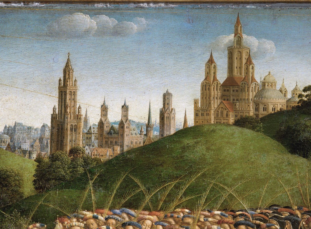 Detalje af tilbedelsen af det mystiske lam, fra midterpanelet på Gent-altertavlen (olie på panel) af Hubert & Jan van (1390 1441) Eyck