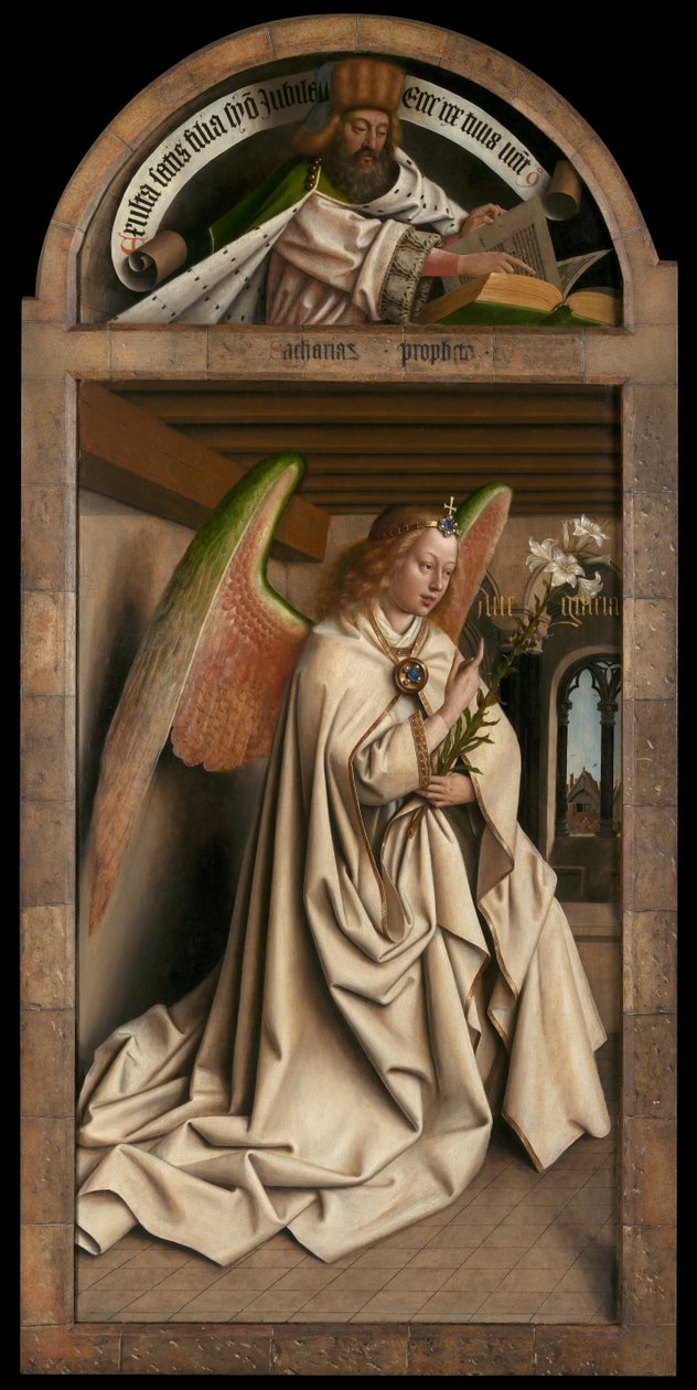 Lunette: profeten Zakarias. Nederste panel: Angel Annunciate, fra ydersiden af venstre fløj af Gent-altertavlen af Hubert & Jan van (1390 1441) Eyck