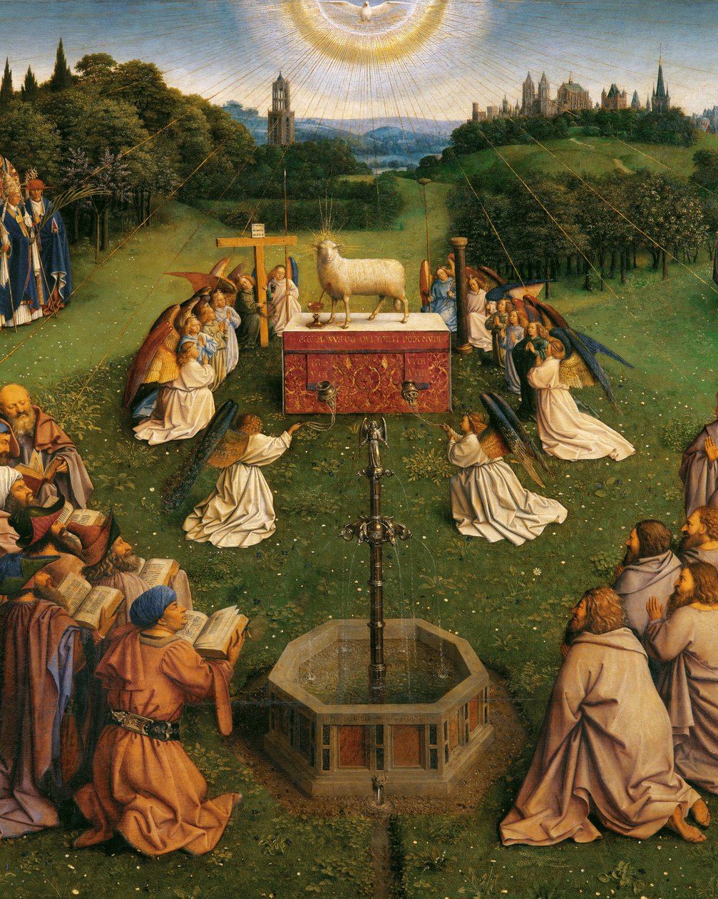 Tilbedelsen af det mystiske lam, fra Gent-altertavlen, detalje af den nederste halvdel af midterpanelet af Hubert & Jan van (1390 1441) Eyck