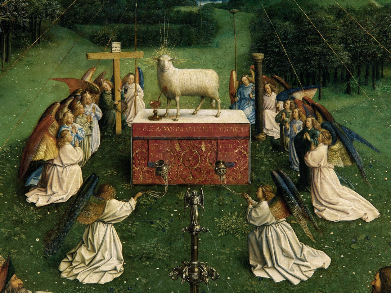 Tilbedelsen af det mystiske lam, fra Gent-altertavlen, detalje af den nederste halvdel af midterpanelet af Hubert & Jan van (1390 1441) Eyck