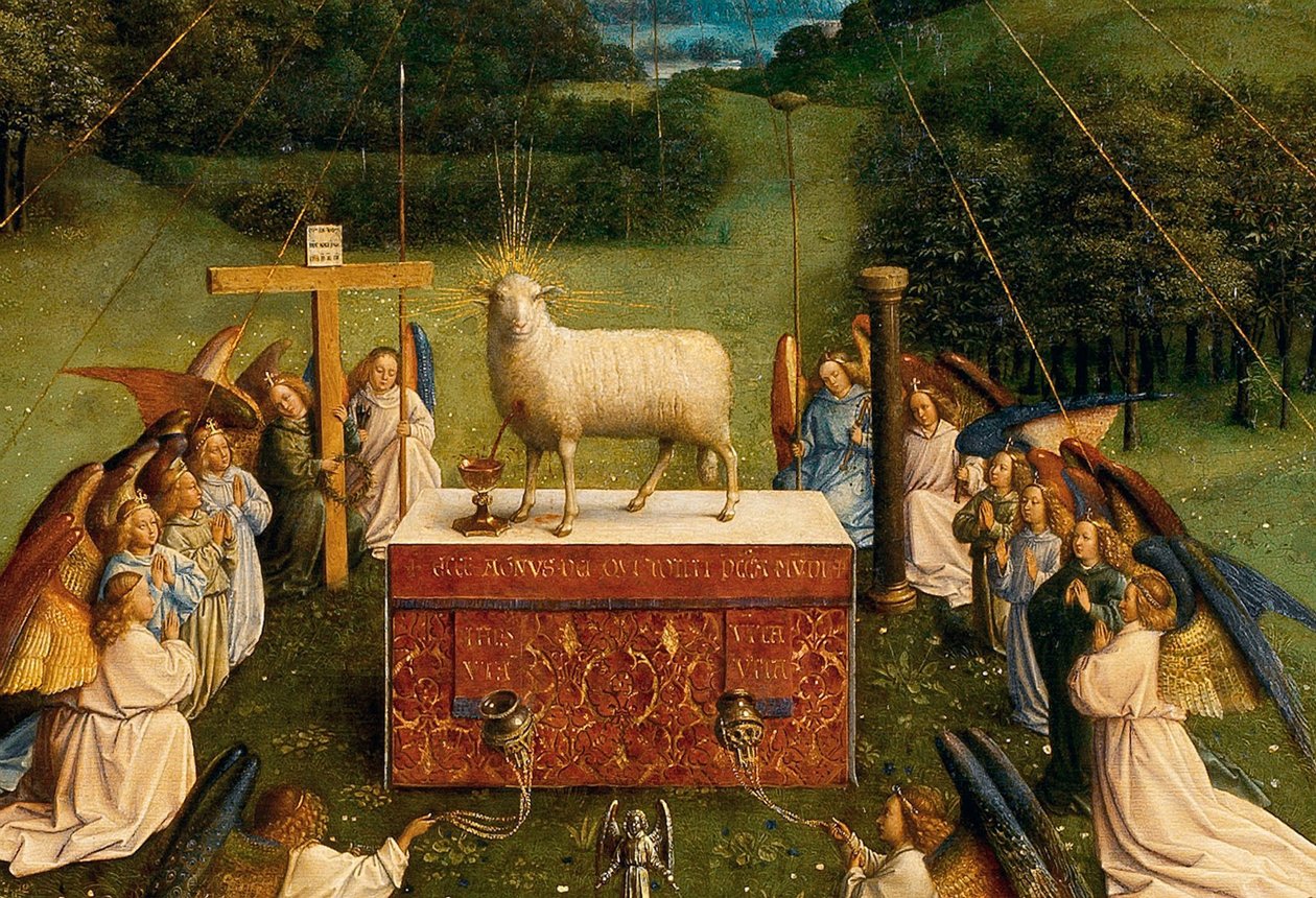 Tilbedelsen af det mystiske lam, fra Gent-altertavlen, detalje af den nederste halvdel af midterpanelet af Hubert & Jan van (1390 1441) Eyck
