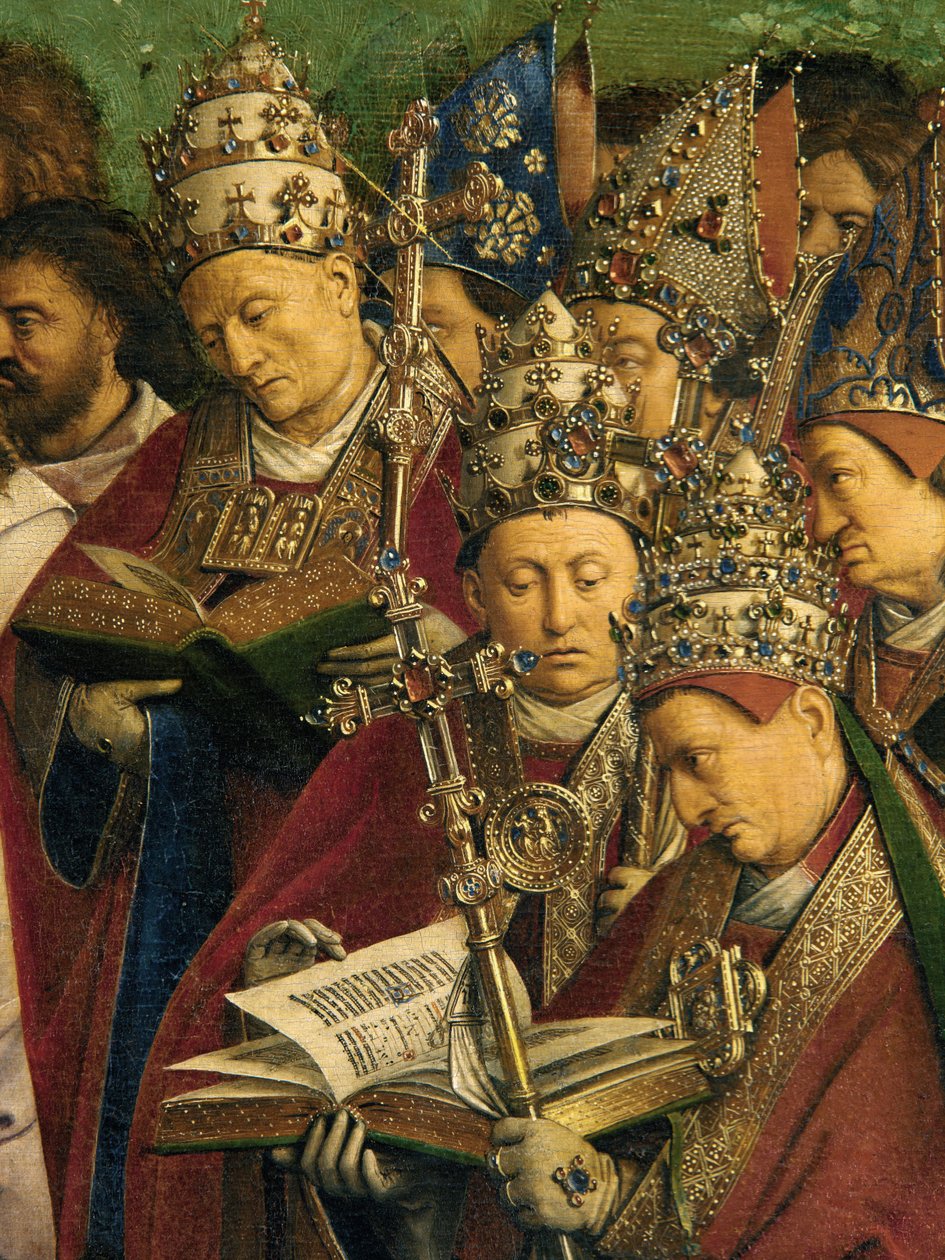 Tilbedelsen af det mystiske lam, fra Gent-altertavlen, detalje af den nederste halvdel af midterpanelet af Hubert & Jan van (1390 1441) Eyck
