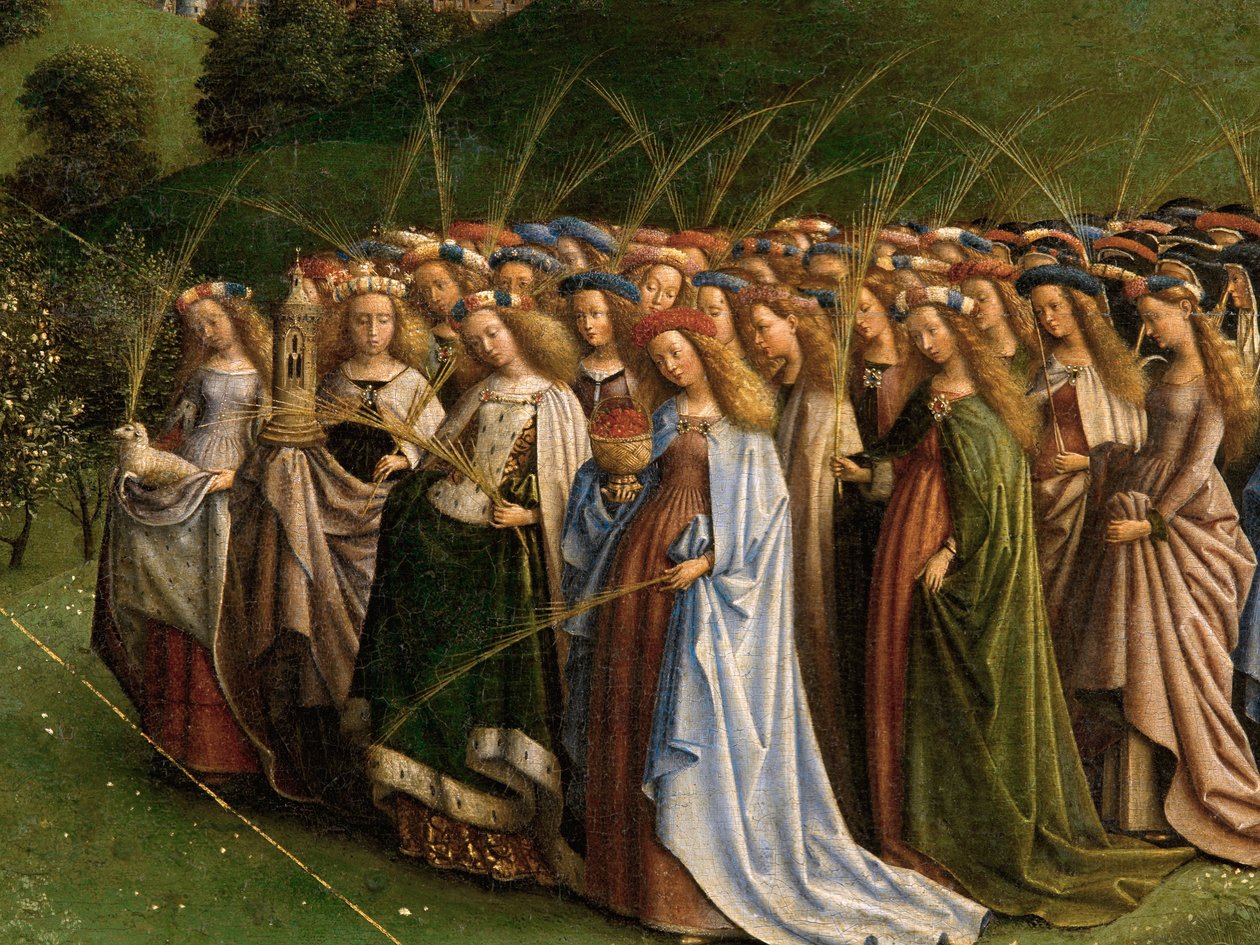 Tilbedelsen af det mystiske lam, fra Gent-altertavlen, detalje af den nederste halvdel af midterpanelet af Hubert & Jan van (1390 1441) Eyck