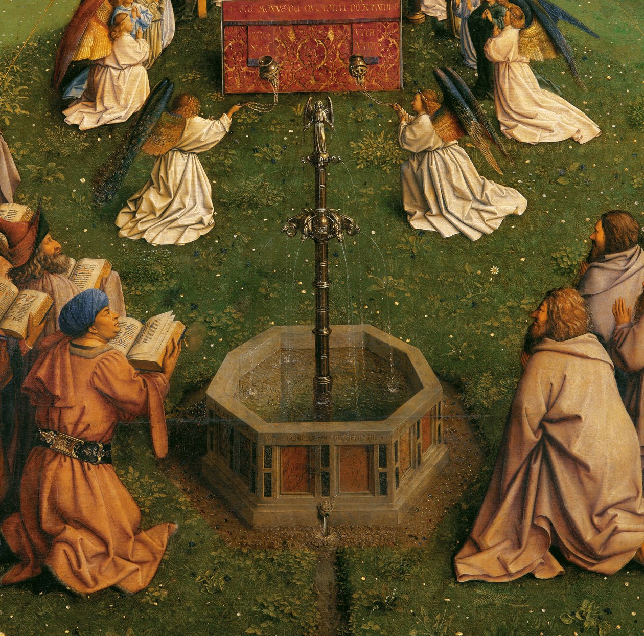 Tilbedelsen af det mystiske lam, fra Gent-altertavlen, detalje af den nederste halvdel af midterpanelet af Hubert & Jan van (1390-1441) Eyck