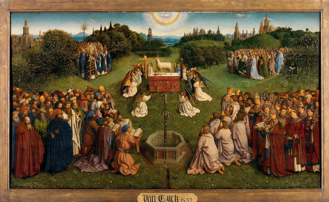 Tilbedelsen af det mystiske lam, fra Gent-altertavlen, nederste halvdel af midterpanelet af Hubert & Jan van (1390 1441) Eyck