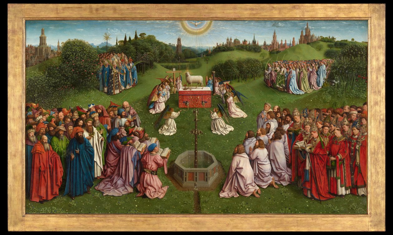 Tilbedelsen af det mystiske lam, fra Gent-altertavlen, nederste halvdel af midterpanelet af Hubert & Jan van (1390 1441) Eyck
