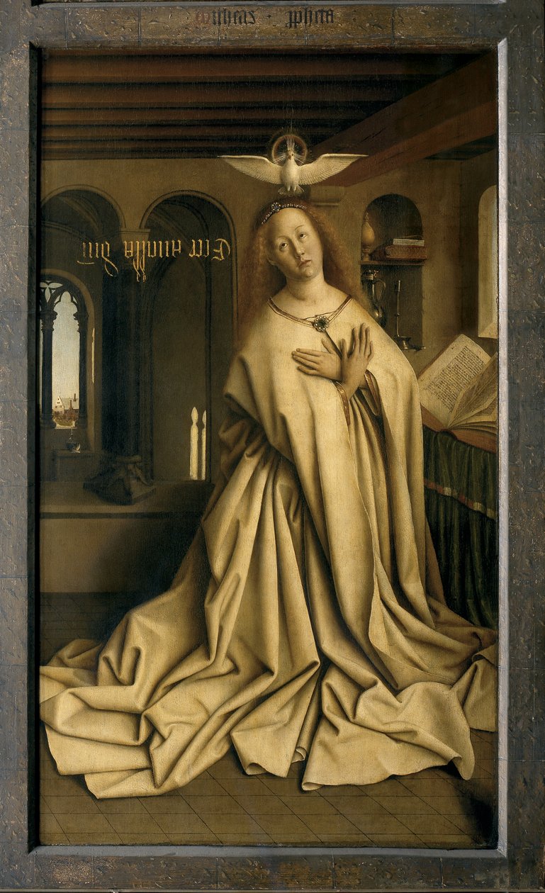 Englen Gabriel giver beskeden til Maria, detalje fra Gent-altertavlen, lukket (olie på panel) af Hubert & Jan van (1390 1441) Eyck