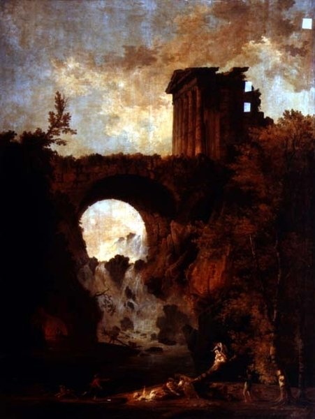 En Capriccio af en tempelruin ved en bro over en kaskade med et gyngeselskab af Hubert Robert
