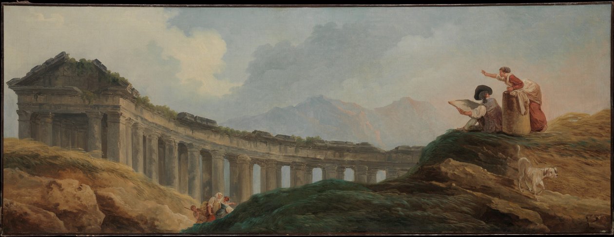 En søjlegang i ruiner af Hubert Robert
