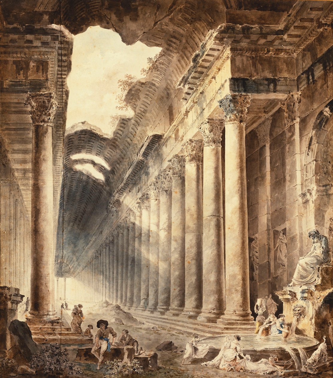 En termisk bygning med søjler, taget delvist åbent mod himlen, med piger, der vasker tøj ved et springvand under en statue, af Hubert Robert