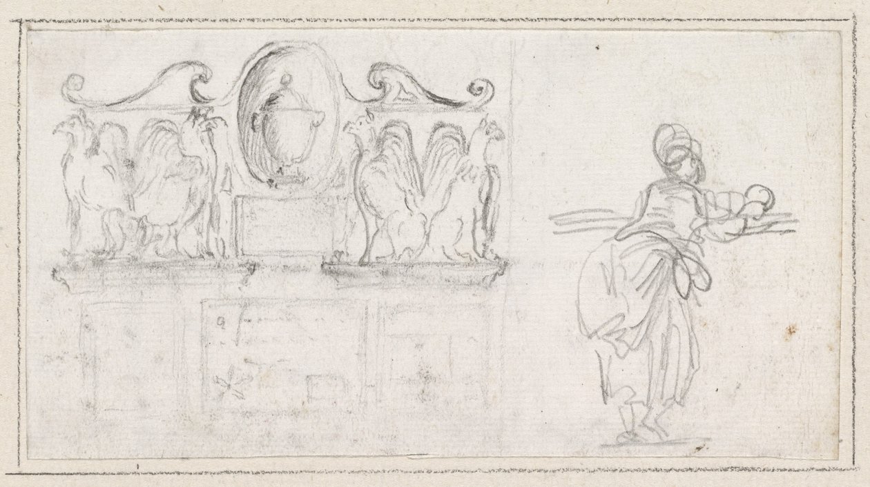 En dekorativ skulptur med en kvinde set bagfra af Hubert Robert