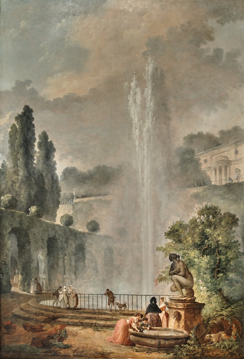 Havelandskab med en villa med udsigt over et stort springvand af Hubert Robert