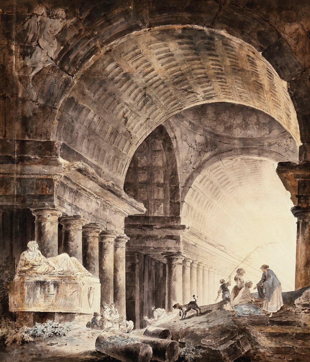 En stor korshvælvet bygning med kvinder og børn og en hund efter knækkede søjler, af Hubert Robert