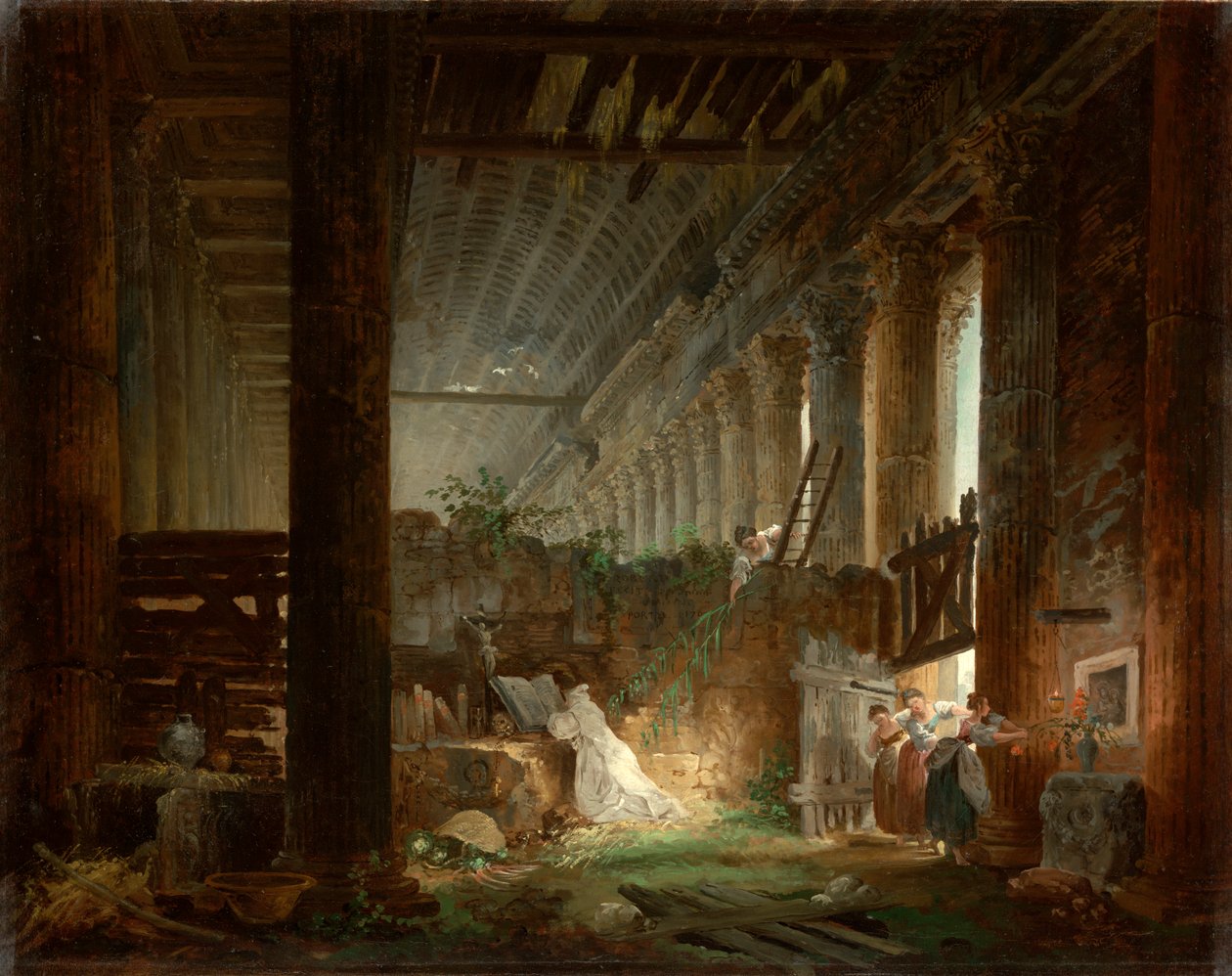 En eremit beder i ruinerne af et romersk tempel. ca. 1760 (olie på lærred) af Hubert Robert