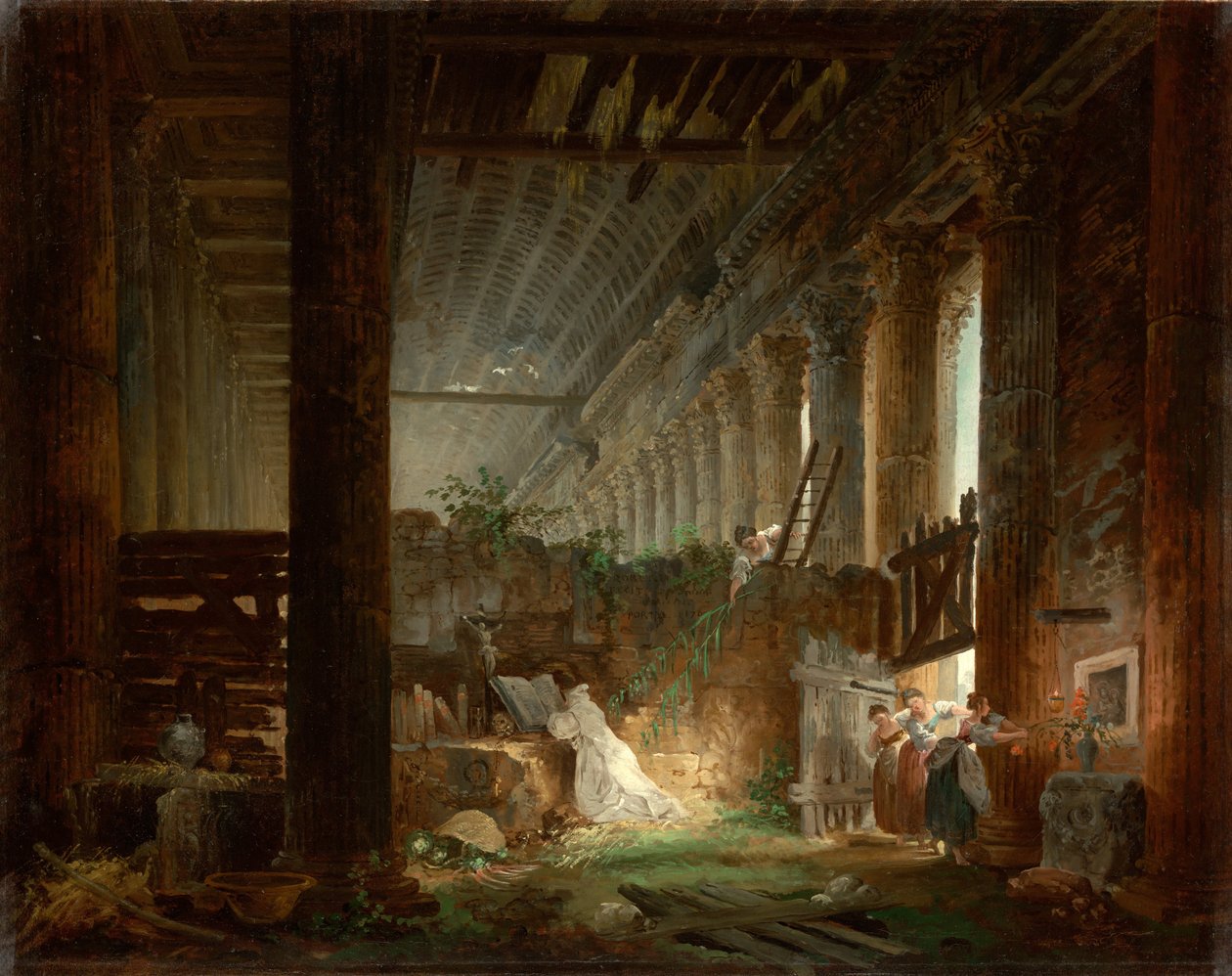 En eremit beder i ruinerne af et romersk tempel, ca 1760 af Hubert Robert