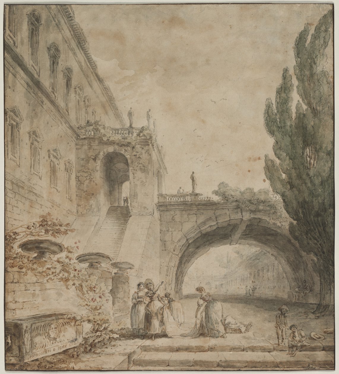 Et palads med en buet bro En romersk villa, 1760. af Hubert Robert