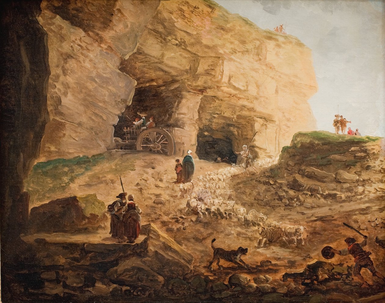 Et stenbrud med en flok får af Hubert Robert