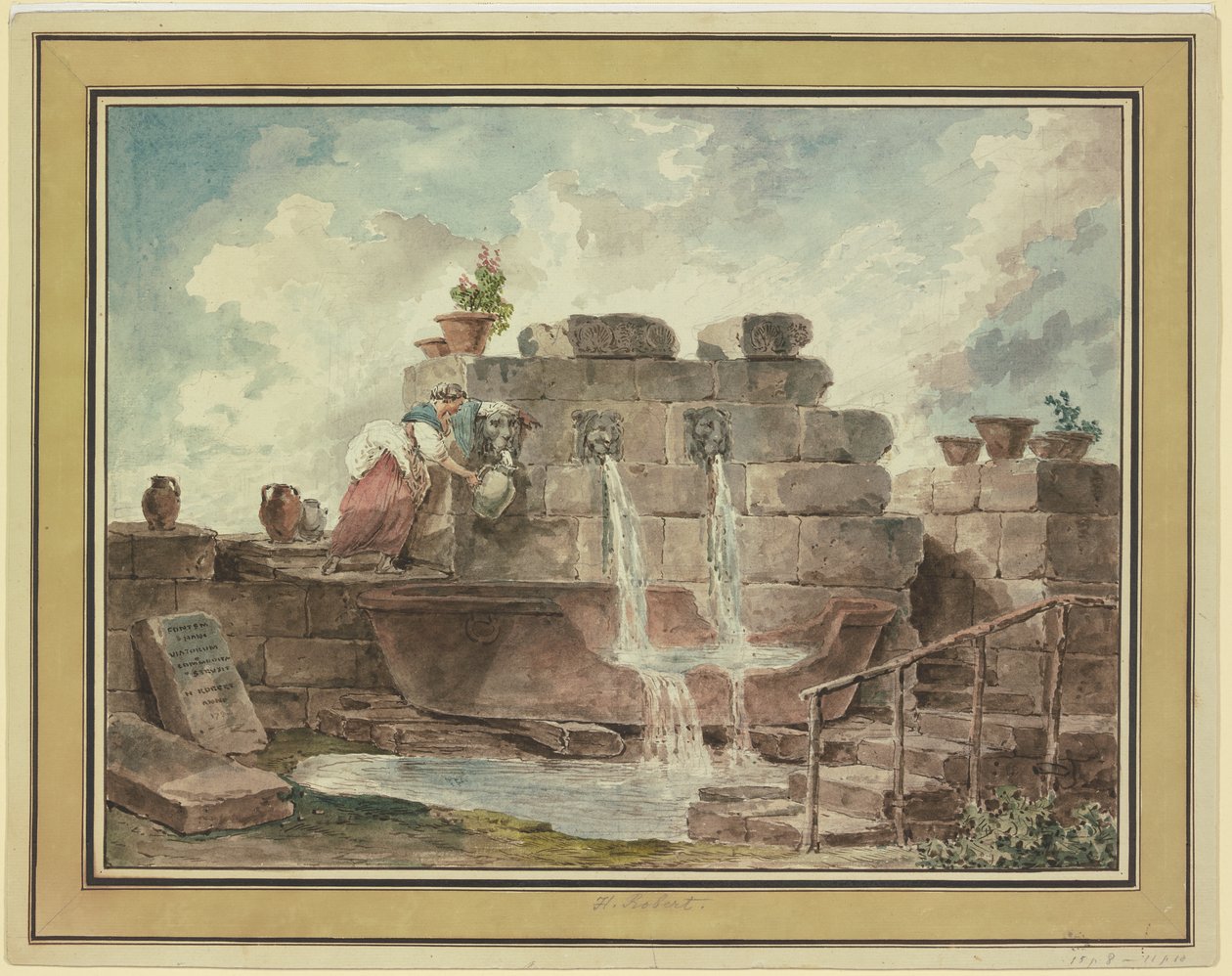 Et romersk springvand med en kvinde, der henter vand af Hubert Robert