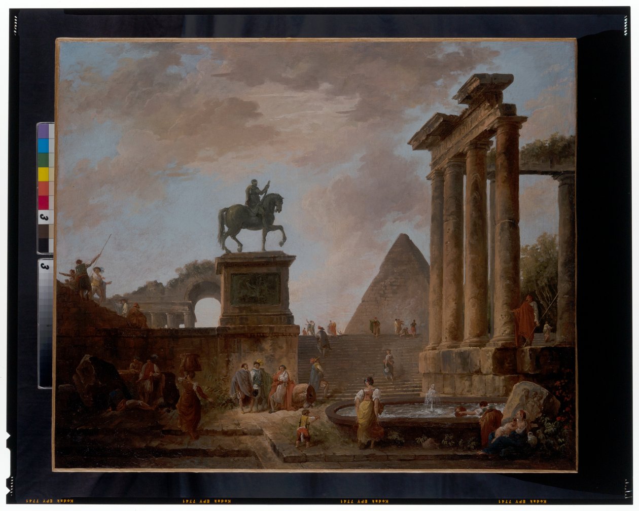 Capriccio trubaduurien ja pesurien kanssa altaan äärellä roomalaisten raunioiden keskellä, pyramidi takana, n. 1780 (öljy kankaalle) af Hubert Robert