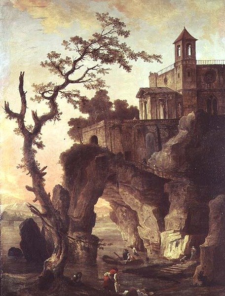 Arkitektoniske ruiner i et klippelandskab (olie på lærred) af Hubert Robert