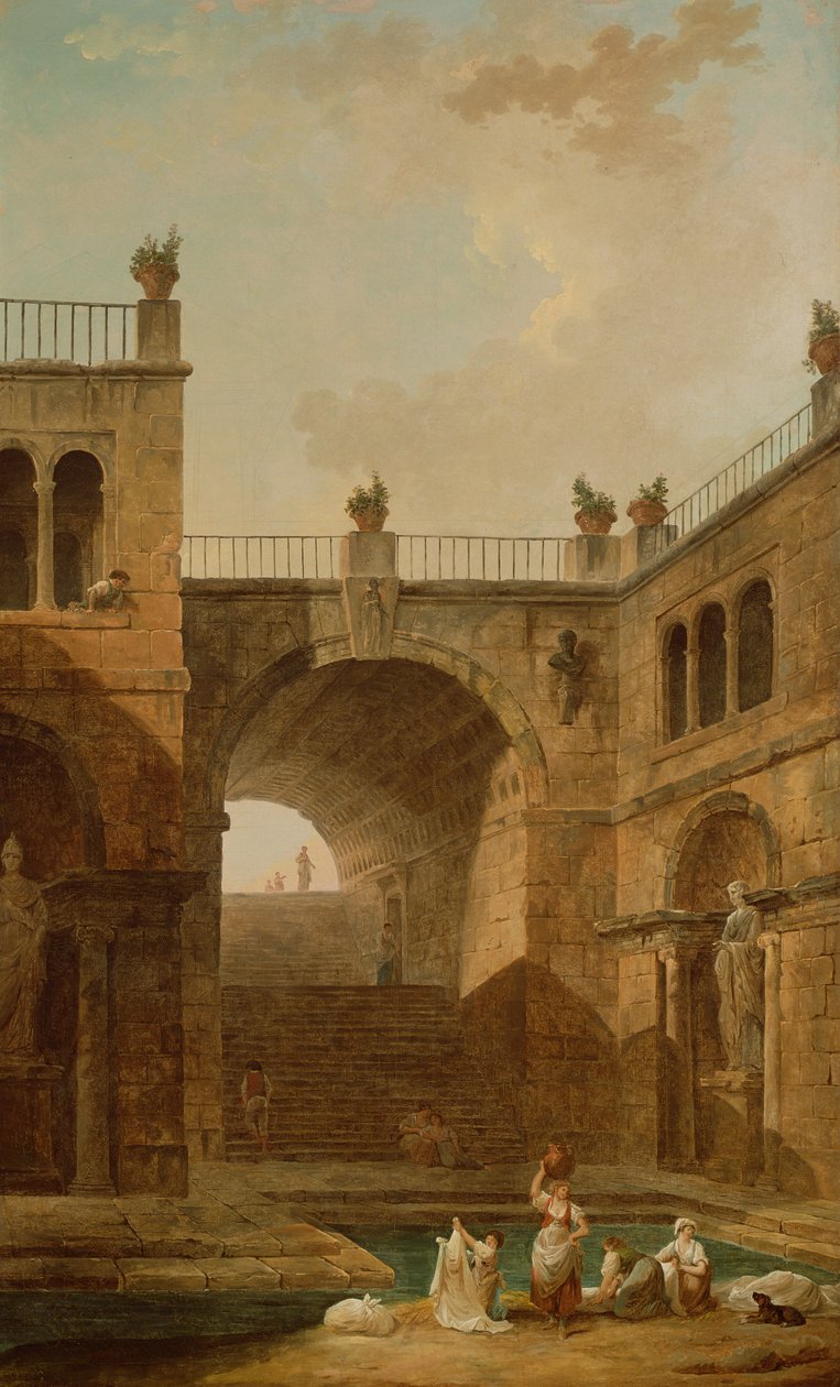 Arkitektonisk scene med kvinder, der vasker tøj ved en pool af Hubert Robert