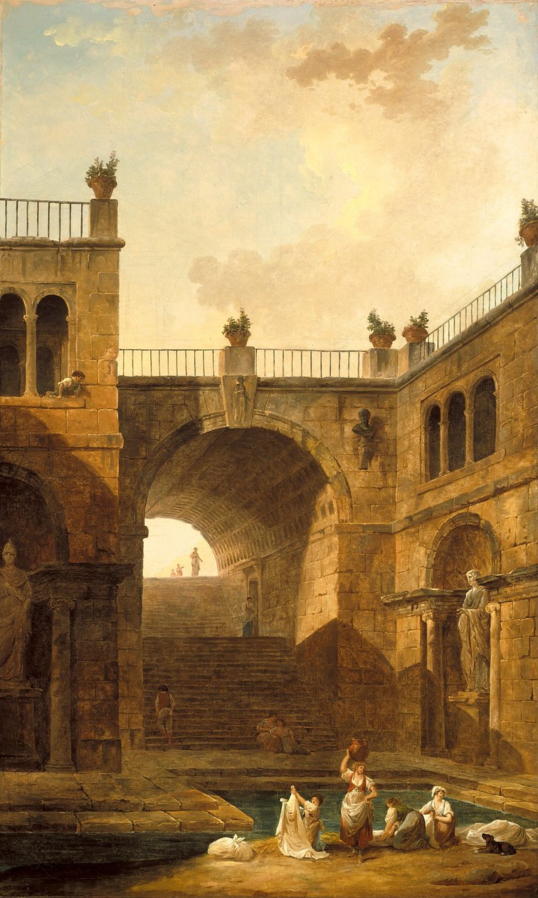 Arkitektonisk scene med kvinder, der vasker tøj ved et bassin af Hubert Robert