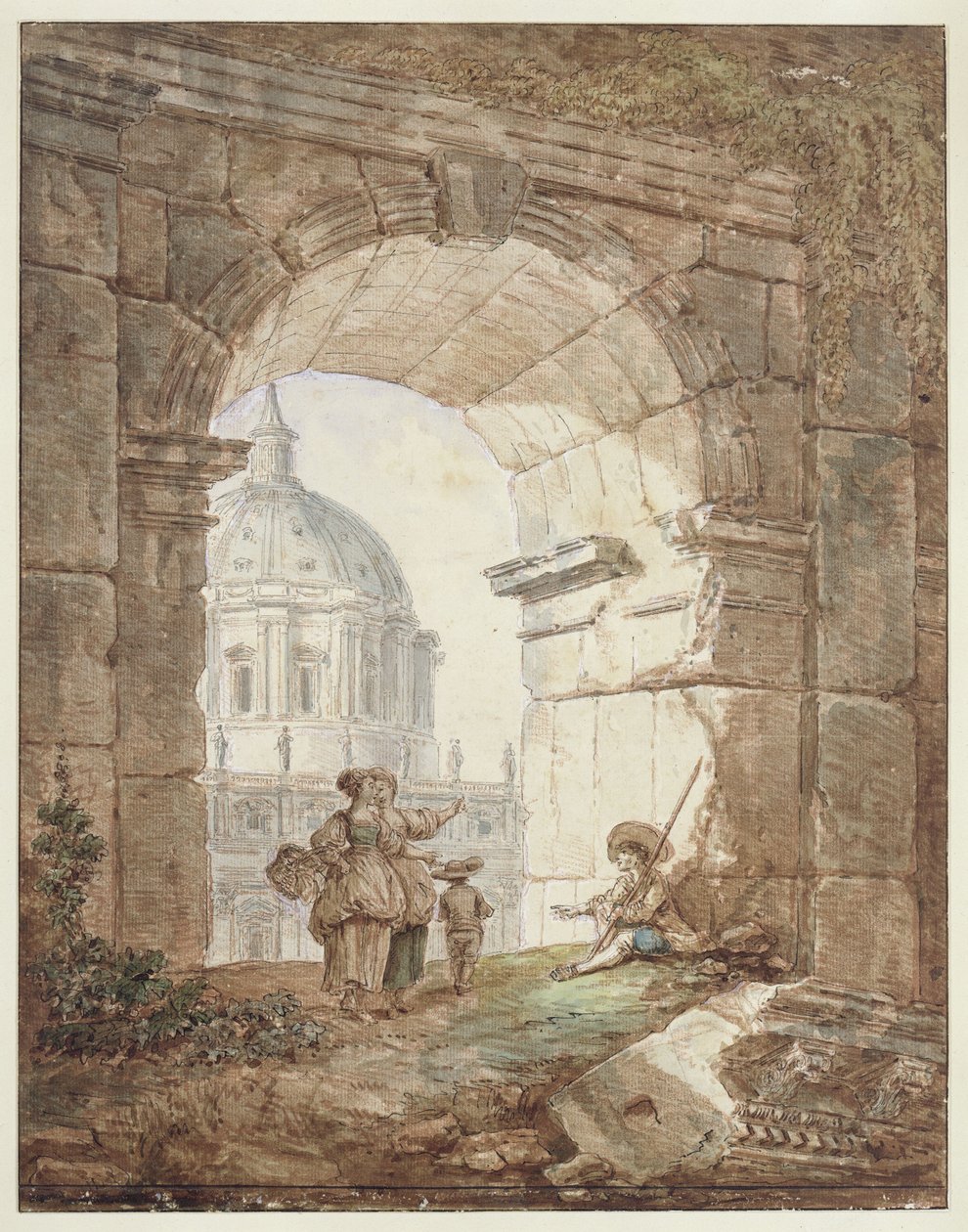 Udsigt over Peterskirken i Rom (arkitektonisk capriccio) af Hubert Robert