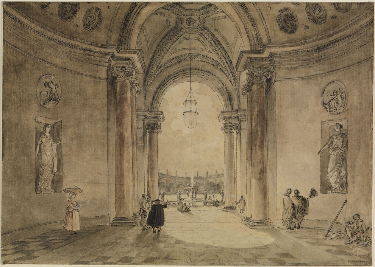 Udsigt gennem kasinoets atrium mod haveparterret ved Villa Albani af Hubert Robert