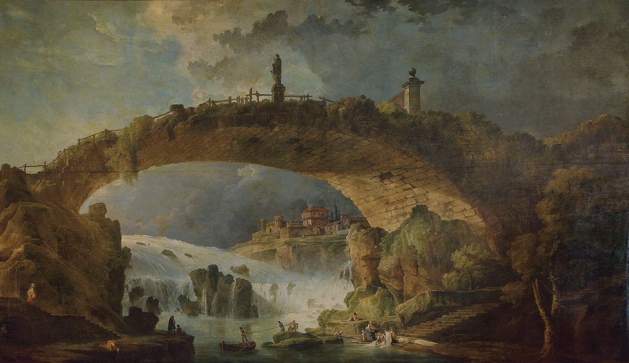 Bro over vandfaldet af Hubert Robert