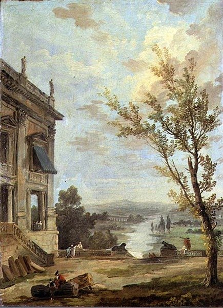 Capriccio Italiensk landskab med Capitoline Palazzo Nuovo og herrefolk på en terrasse, en flod bagved af Hubert Robert
