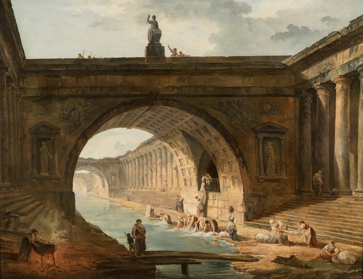Capriccio med vaskekoner ved en kanal af Hubert Robert