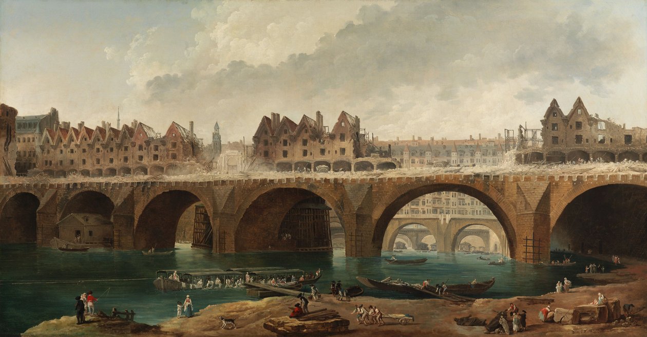 Nedrivningen af husene på Pont Notre-Dame i Paris af Hubert Robert
