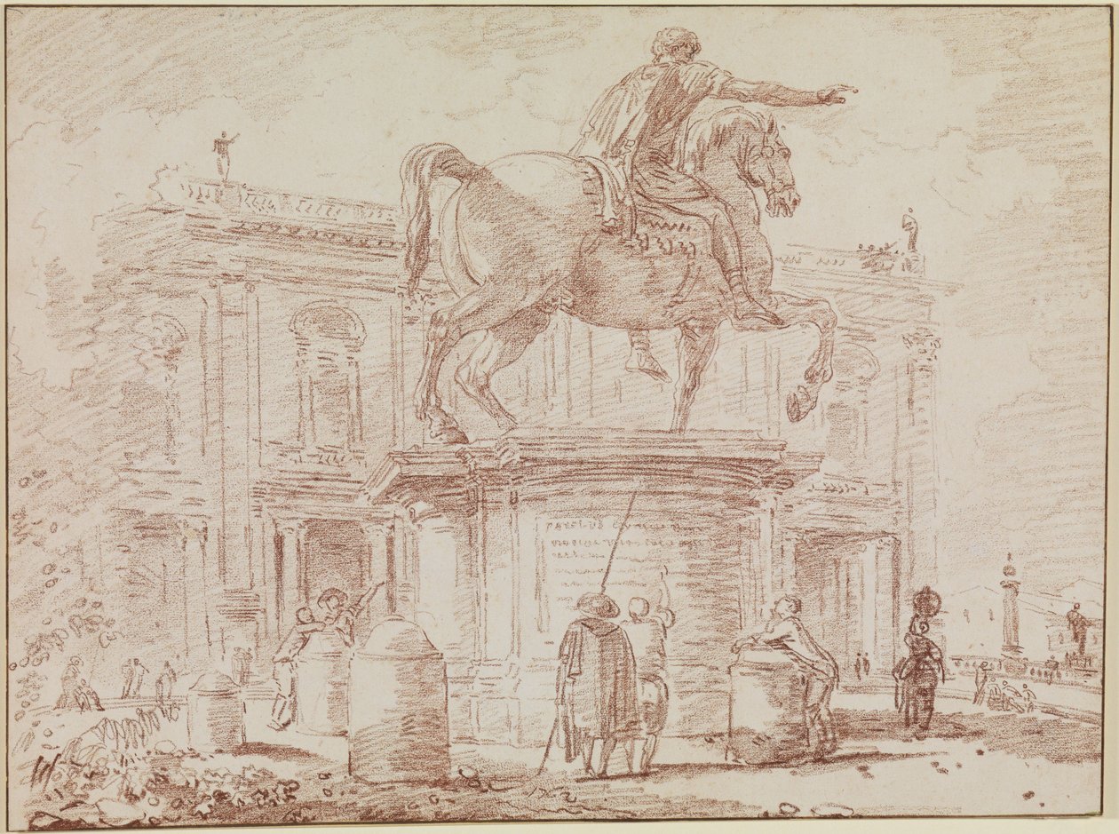 Rytterstatuen af Marcus Aurelius og Konservatorpaladset i Rom af Hubert Robert