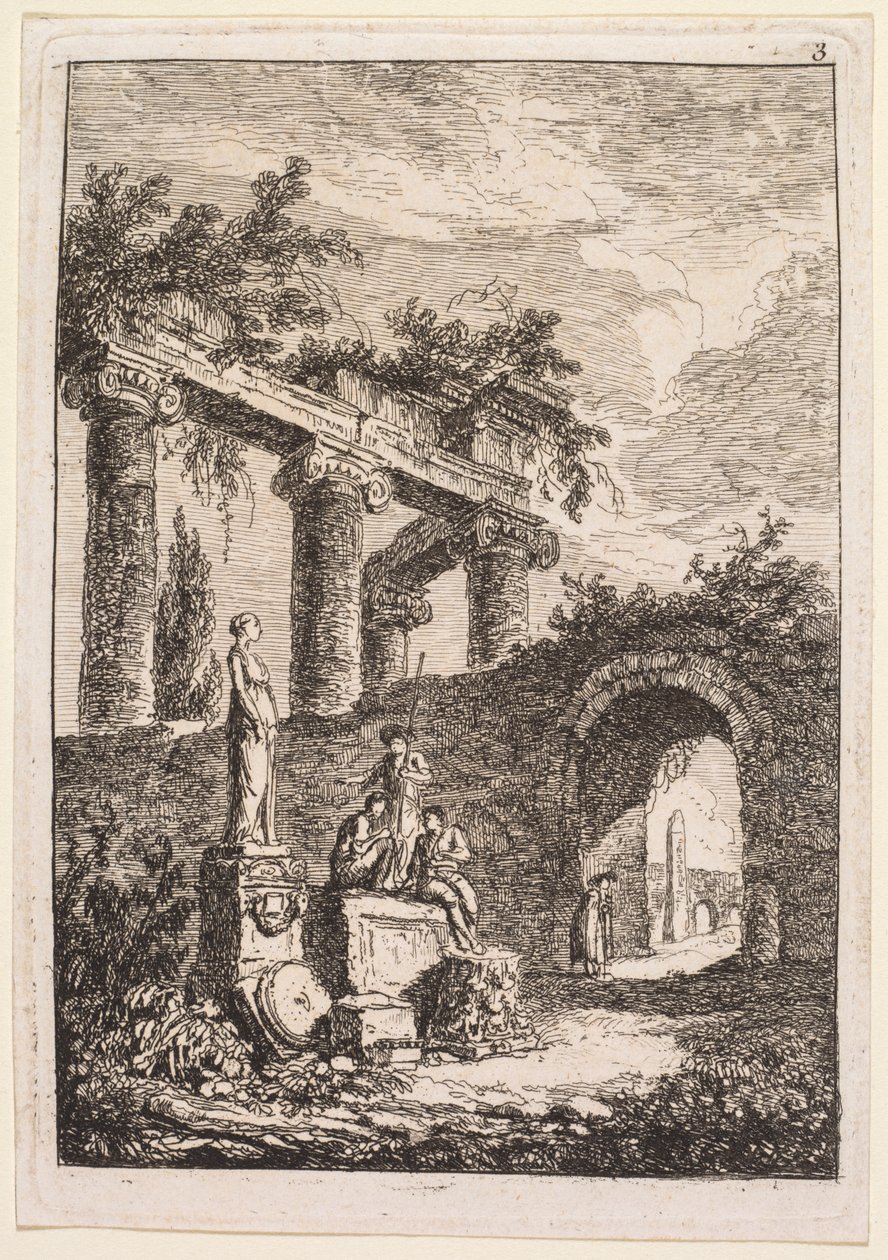 Aftener i Rom: Statuen foran ruiner, 1763-1764. af Hubert Robert