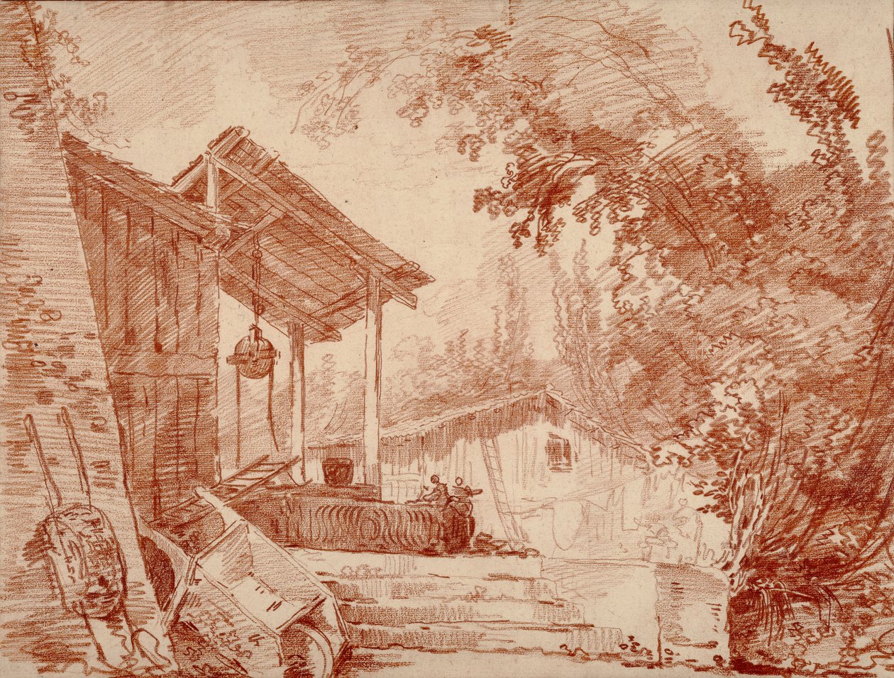 Gårdsplads med to personer ved en brønd og en stor trillebør i forgrunden af Hubert Robert