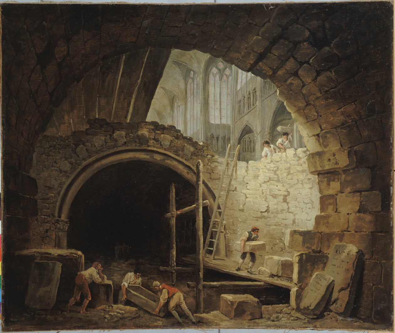 Fransk: La Violation des caveaux des rois dans la basilique de Saint-Denis, en octobre 1793 Plyndring af kongelige grave i Saint-Denis-basilikaen, oktober 1793 af Hubert Robert