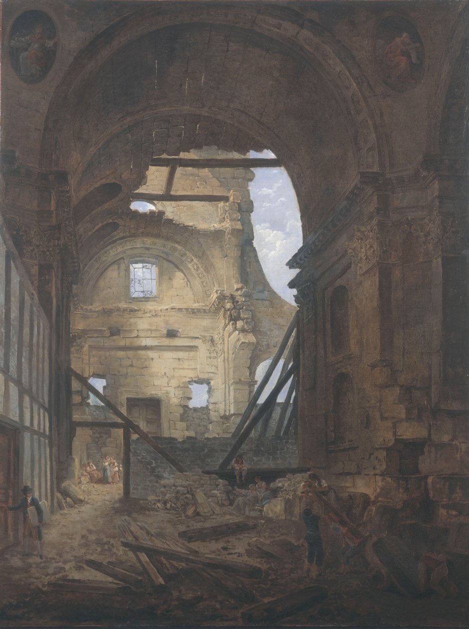 Fransk: La chapelle de la Sorbonne avec la voûte de la nef effondrée Sorbonne-kirken i ruiner af Hubert Robert