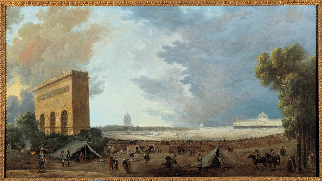 Fransk revolution: ""Fete de la Federation Nationale fejret på Champ de mars i Paris den 14. juli 1790"" Maleri af Hubert Robert (1733-1808). 1790 søn. 0,52x0,96m af Hubert Robert
