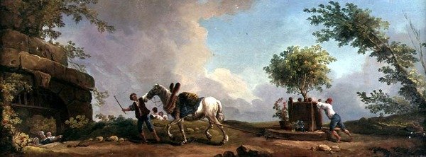 Gartnere, der transporterer et appelsintræ (olie på lærred) af Hubert Robert