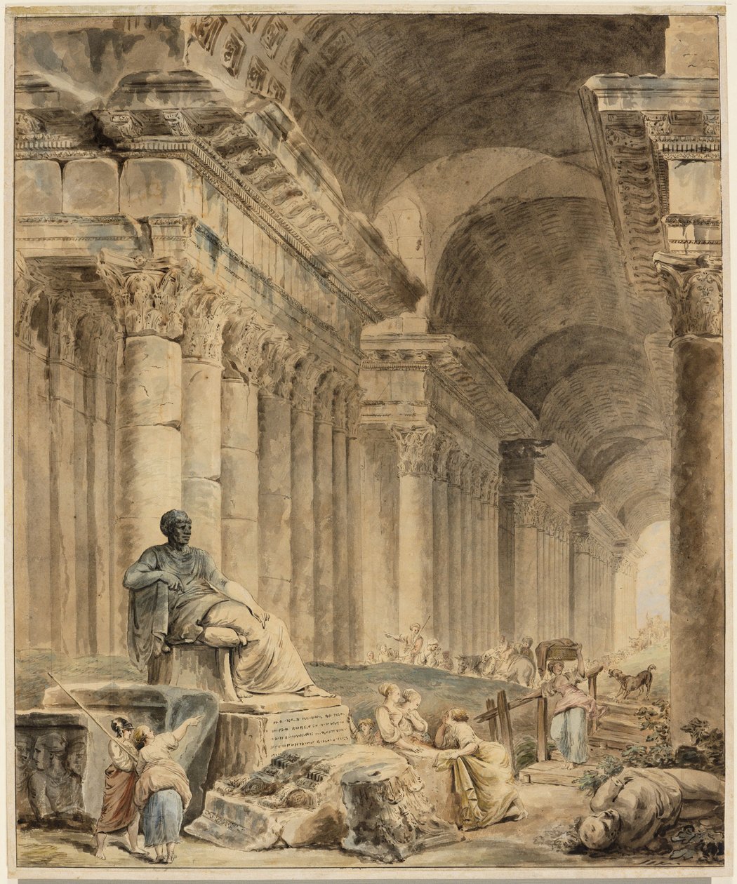 Vældet søjlegang med antik siddende statue af Hubert Robert